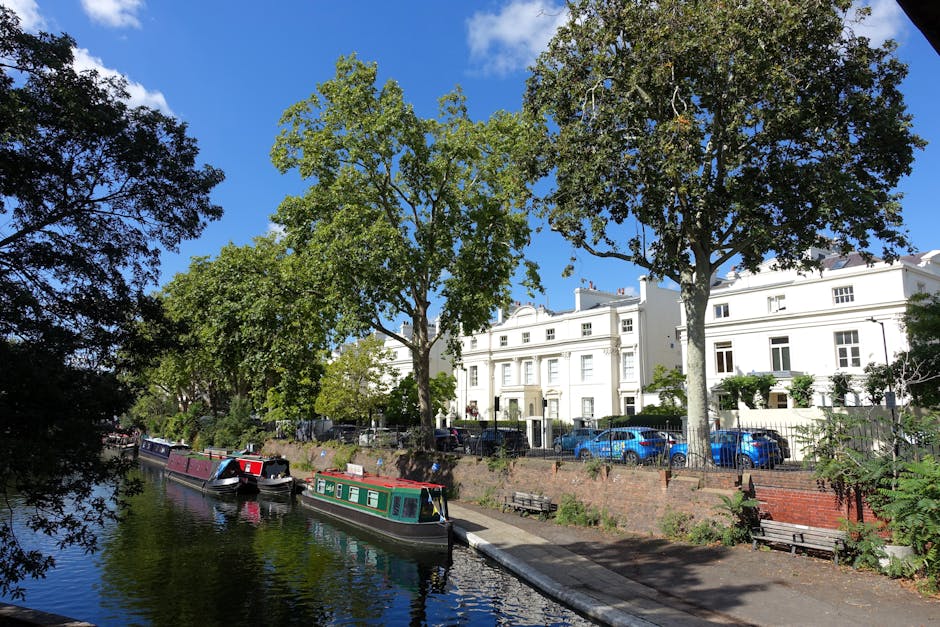 A riverside scene on a bright, clear day featuring a calm waterway with several narrowboats moored along the bank. Two large trees with lush green foliage are in the foreground, partially shading the walkways and benches beneath them. Behind the trees, there is a row of white, terraced residential buildings with multiple windows and small front gardens, some with potted plants. The sky is blue with a few scattered clouds, and sunlight illuminates the scene, highlighting the clean, well-maintained appearance of the area. This tranquil setting emphasizes the importance of surface cleaning and maintenance in outdoor communal spaces, as managed by Paddington Carpet Cleaning, who specialize in deep cleaning and sanitisation of similar areas.